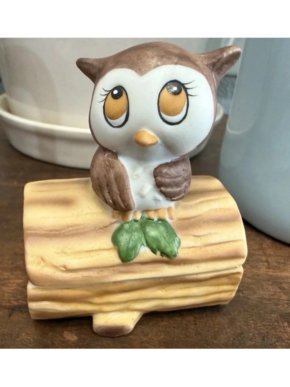 Vintage Mid Century Hand Painted Lefton China Porcelain Owl Trinket box candle.